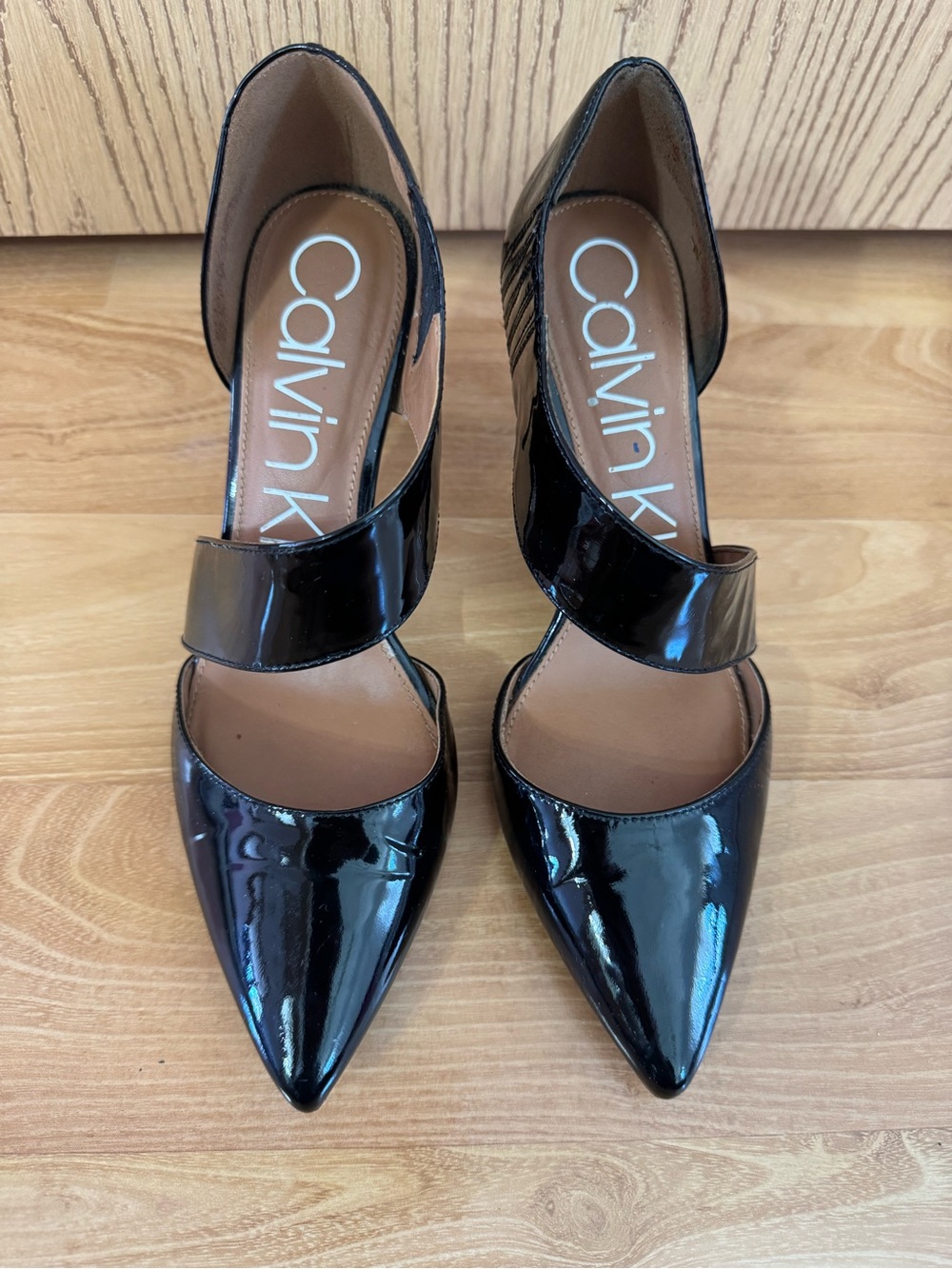 Calvin Klein Black Patent Pointed-Toe D'Orsay Heels with Strap